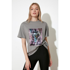 Trendyol Gray Woven Patched Boyfriend Knitted T-Shirt