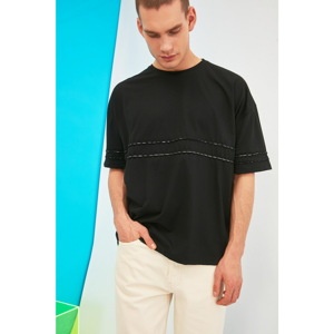 Trendyol Black Male Oversize Bike Collar Short Sleeve Embroidered T-Shirt