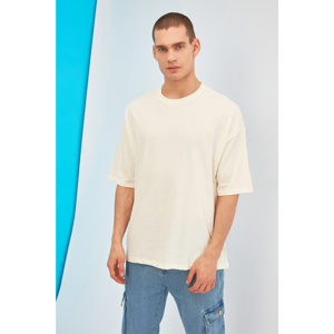 Trendyol Ekru Men's Oversize Bike Collar Short Sleeve Printed T-Shirt