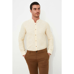 Trendyol Yellow Male Slim Fit Judge Collar Epaulette Striped Linen Shirt