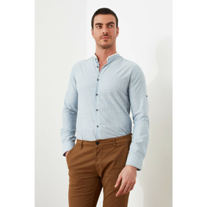 Trendyol Blue Male Slim Fit Judge Collar Epaulette Striped Shirt