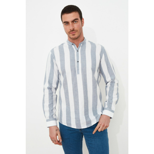 Trendyol Blue Men's Regular Fit Judge Collar Striped Half-Pat Linen Shirt