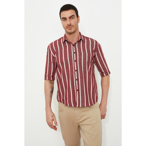Trendyol Burgundy Men's Boxy Fit Short Sleeve Striped Shirt Shirt