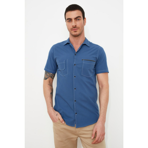 Trendyol Navy Blue Men Slim Fit Apaş Collar Short Sleeve Shirt