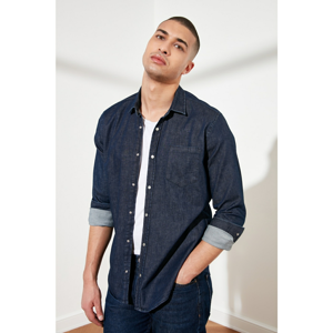 Trendyol Navy Blue Male Denim Slim Fit Single Pocket Long Sleeve Shirt