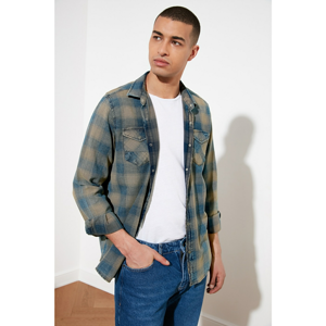 Trendyol Camel Men's Regular Fit Plaid Denim Double Pocket Shirt