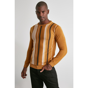 Trendyol Mustard Men's Strip Panel Bike Collar Knitwear Sweater