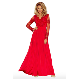 213-3 ARATI long dress with embroidered neckline and long sleeves - RED