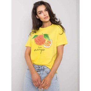 Yellow women's t-shirt with an application and a print
