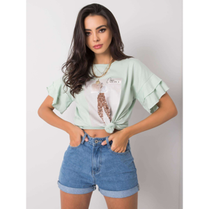 Mint t-shirt with an application and decorative sleeves