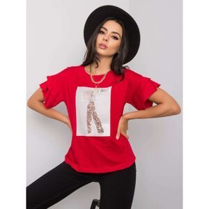 Red t-shirt with an application and decorative sleeves