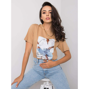 Beige t-shirt with print and appliqué