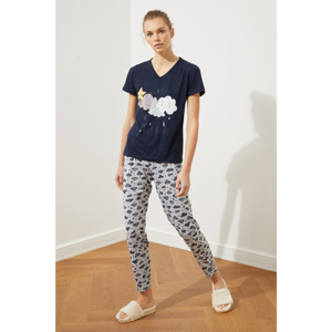 Trendyol Navy Blue Printed Knitted Pyjama Set