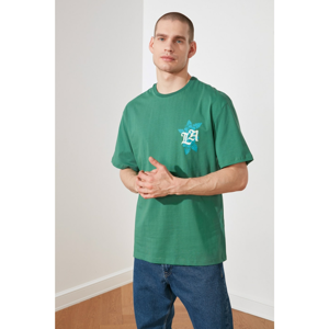 Trendyol Green Men's Oversize Bike Collar Short Sleeve Printed T-Shirt