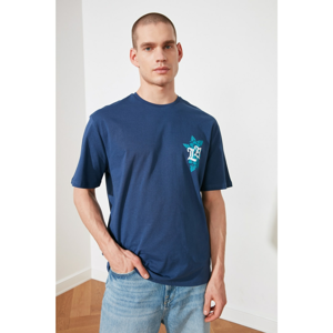 Trendyol Indigo Men's Oversize Bike Collar Short Sleeve Printed T-Shirt