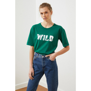 Trendyol Emerald Green Printed Loose Knitted T-Shirt