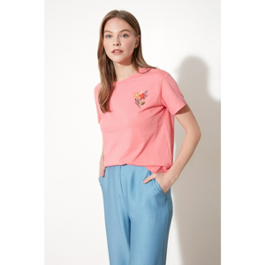 Trendyol Pink Embroidered Semifitted Knitted T-Shirt