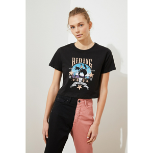 Trendyol Black Crop Printed Knitted T-Shirt