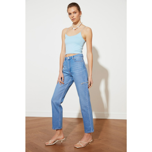 Trendyol High Waist Straight Jeans WITH Blue Ripped DetailING
