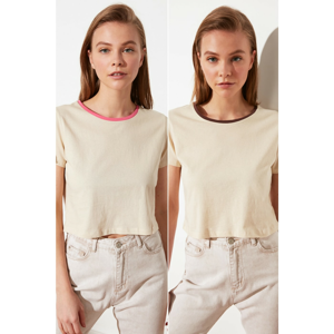 Trendyol Crop Knitted T-Shirt WITH Light Beige 2 Pack Collar Detail