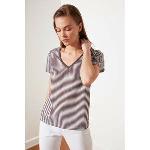 Trendyol Brown Striped Basic V Collar Knitted T-Shirt