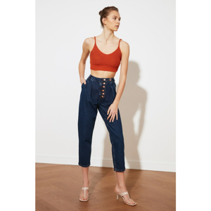 Trendyol High Waist Relaxed Mom Jeans WITH Dark Blue Front Buttoned Waist DetailING