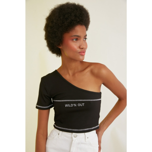 Trendyol Black One Shoulder Printed Crop Knitted Blouse