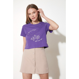 Trendyol Purple Crop Printed Knitted T-Shirt