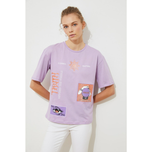 Trendyol Lilac Printed Loose Knitted T-Shirt