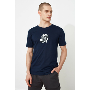 Trendyol Navy Blue Men Slim Fit Bike Collar Short Sleeve Printed T-Shirt