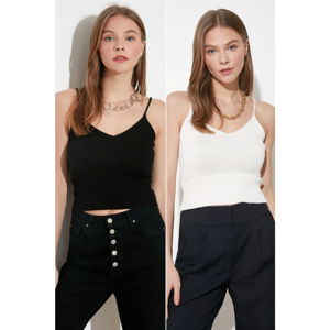 Trendyol Black and White Knitted Detailed Strap Crop Knitwear Blouse