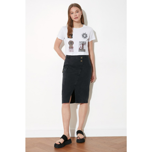 Trendyol Midi Denim Skirt with Black Double Button Detail Asymmetrically Closed Slit