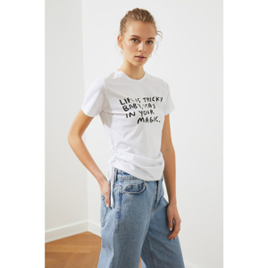 Trendyol White Ruffled Printed Basic Knitted T-Shirt