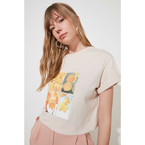 Trendyol Beige Printed Boyfriend Knitted T-Shirt