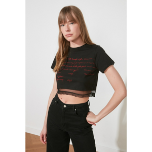 Trendyol Black Printed Crop Knitted T-Shirt