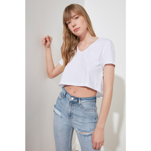 Trendyol White V Collar Crop Knitted T-Shirt