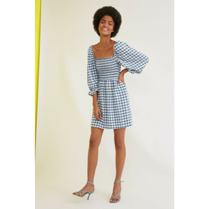 Trendyol Gipe Detailed Dress with Blue Square Balloon Sleeves