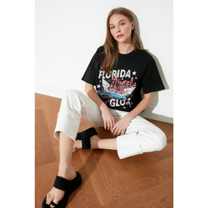 Trendyol Black Printed Boyfriend Knitted T-Shirt