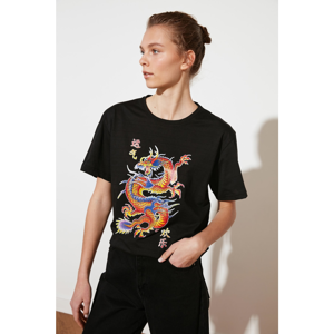 Trendyol Black Boyfriend Printed Knitted T-Shirt