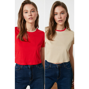 Trendyol Red-Beige 2 Pack Collar Detail Crop Knitted T-Shirt