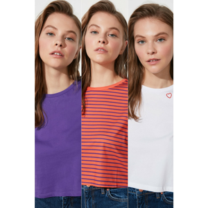 Trendyol MulticolorEd Striped White Embroidery and Purple 3 Pack Bike Collar Crop Knitted T-Shirt