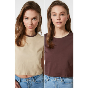 Trendyol Brown-Beige 2 Pack Collar Detail Crop Knitted T-Shirt