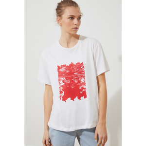 Trendyol White Printed Boyfriend Knitted T-Shirt