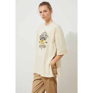 Trendyol Stone Asymmetric Boyfriend Printed Knitted T-Shirt