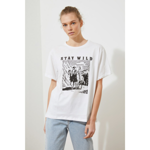 Trendyol White Printed Boyfriend Knitted T-Shirt