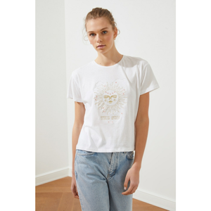 Trendyol White Lurex Embroidered Semi-Fitted Knitted T-Shirt