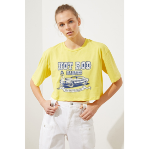 Trendyol Yellow Printed Loose Crop Knitted T-Shirt