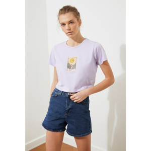 Trendyol Lilac Printed Crop Knitted T-Shirt