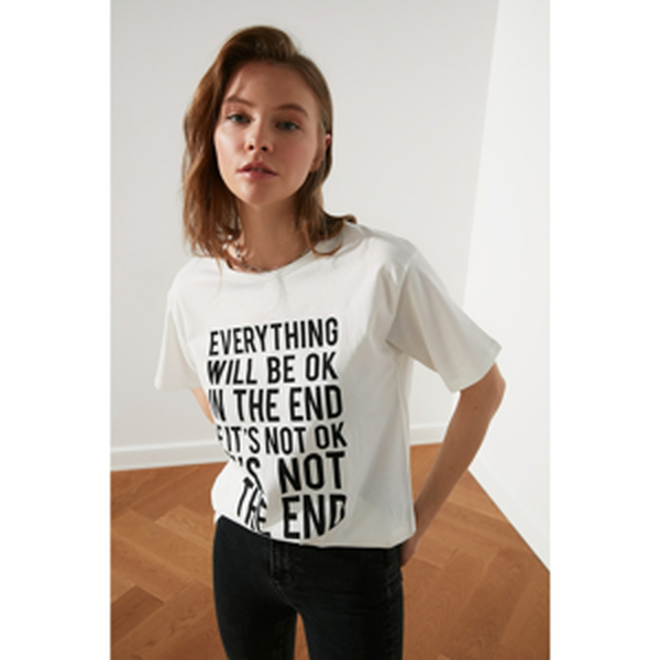 Trendyol Excru Printed Boyfriend Knitted T-Shirt