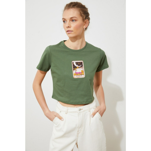 Trendyol Khaki Printed Crop Knitted T-Shirt